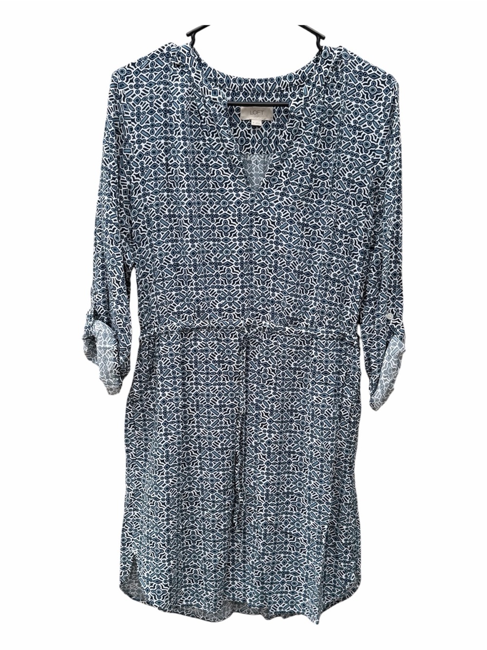 LOFT Navy & White Geometric Drawstring Midi Dress